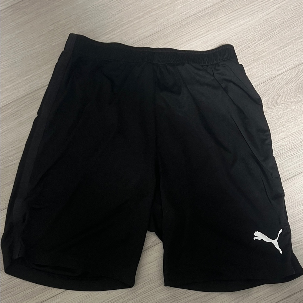 Puma Black Athletic Shorts with White Logo S Or Teen 16Y-18Y